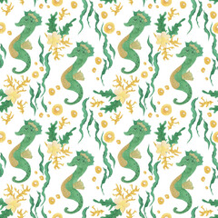Watercolor painting kids seamless pattern with cute seahorse and seaweed, coral, flowers.