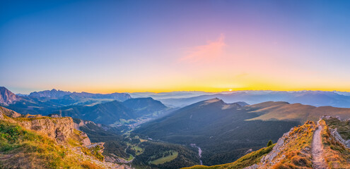 Fototapeta na wymiar Panorama of Seceda peak in Dolomites Alps, South Tyrol, Italy, Europe