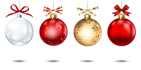 Set of red, gold and transparent christmas balls, isolated on white.