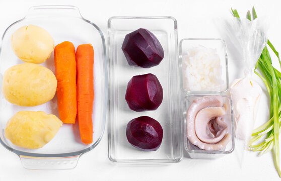 Ingredients To Make Russian Shuba Salad. Boiled Beet, Carrot, Potato, Pickled Onion, Herring Fillet, Mayonnaise And Green Onion. Step By Step Recipe. Step 1