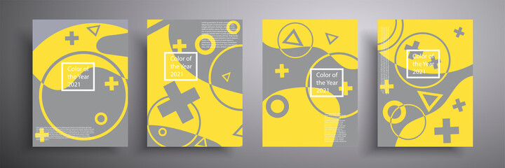 Set of minimal geometric posters. Fashionable design. Gray and yellow - mod colors of 2021. EPS10 vector. Compositions for book covers, posters, flyers, magazines.
