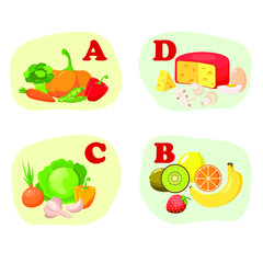 Vector illustration with fresh organic vegetables and fruits. health food. Vitamins A, B, C, D. Set of vegetarian sliced, full, half vegetables and fruits. The concept of a healthy lifestyle or diet