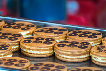Obanyaki also known as Imagawayaki. Japanese dessert often found at Japanese festivals as well as outside Japan. It is made of batter in a special pan