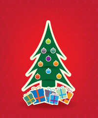 Christmas tree and bulb on red background