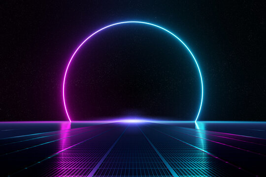 Abstract background pathway leading to blue and pink neon light circle reflecting on the floor 3D rendering