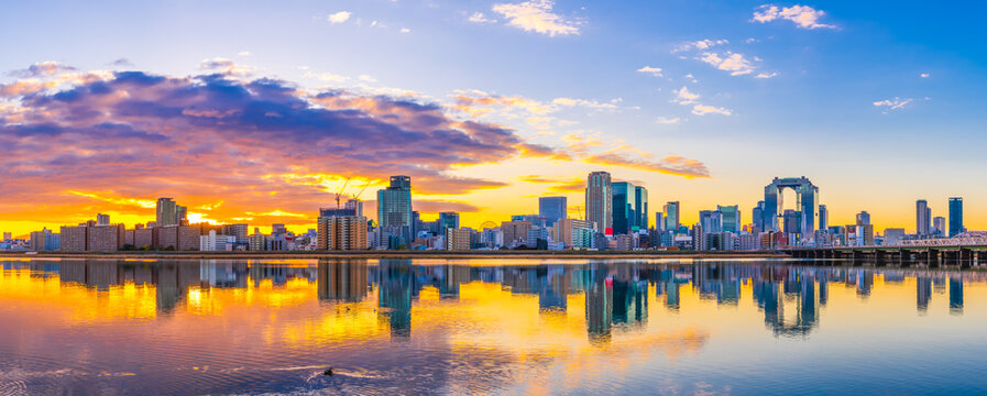 Beautiful sunrise view of Osaka city skyline. Japan 