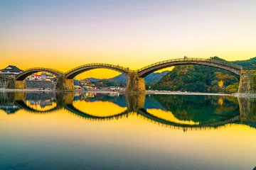 The Kintai Bridge at sunset in Iwakuni, Japan