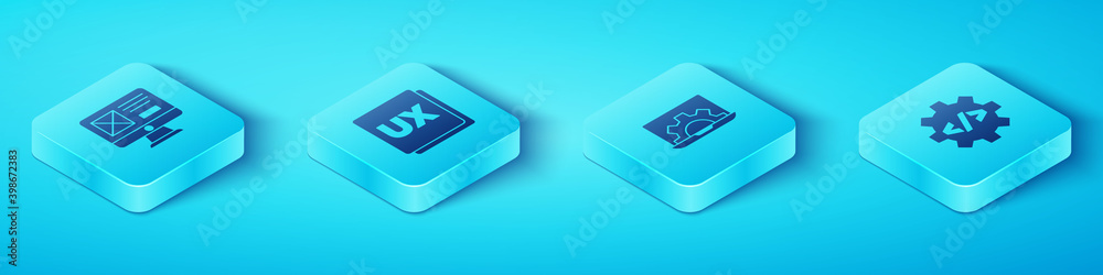 Wall mural set isometric ui or ux design, , front end development and web icon. vector.