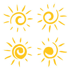 Sun in form of spiral. Set of sun icons in grunge style. 