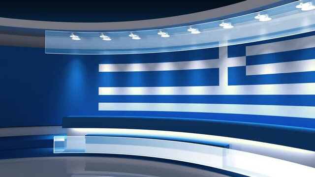 TV studio. Greece flag studio. Greece flag background. News studio. The perfect backdrop for any green screen or chroma key video or photo production. 3d render. 3d