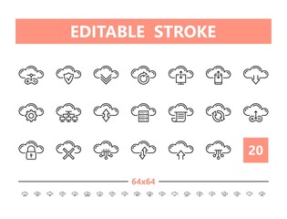 Cloud technology 20 line icons. Vector illustration in line style. Editable Stroke, 64x64, 256x256, Pixel Perfect.