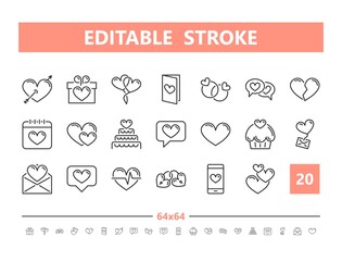 Love and romance 20 line icons. Vector illustration in line style. Editable Stroke, 64x64, 256x256, Pixel Perfect.