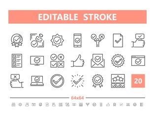 Approve 20 line icons. Vector illustration in line style. Editable Stroke, 64x64, 256x256, Pixel Perfect.