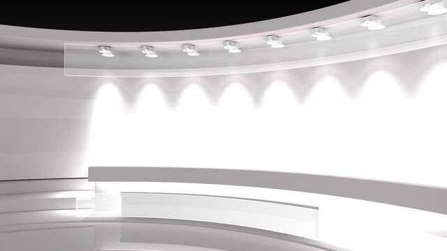 TV studio. Loop animation. White studio. White background. Backdrop for any green screen or chroma key video production. 3d render. 3d