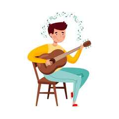 Young Man Sitting on Chair and Playing Guitar Vector Illustration