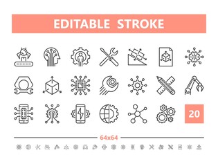 Engineering and innovation 20 line icons. Vector illustration in line style. Editable Stroke, 64x64, 256x256, Pixel Perfect.
