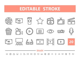 Cinema and Entertainment 20 line icons. Vector illustration in line style. Editable Stroke, 64x64, 256x256, Pixel Perfect.
