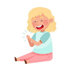 Cheerful Girl with Blond Hair Sitting on the Floor and Clapping Hands at Music Lesson Vector Illustration