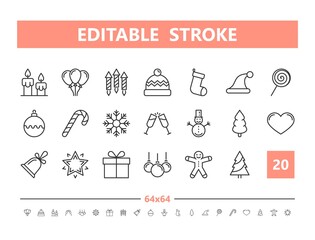 Christmas 20 line icons. Vector illustration in line style. Editable Stroke, 64x64, 256x256, Pixel Perfect.
