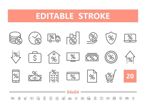 Credit 20 line icons. Vector illustration in line style. Editable Stroke, 64x64, 256x256, Pixel Perfect.