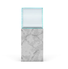 glass showcase cube on high light marble pedestal in frontal projection vector illustration