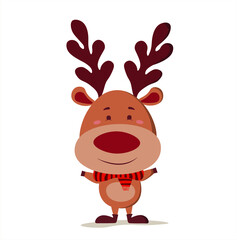 Cute Christmas deer in scarf on white background .Flat cartoon style vector illustration