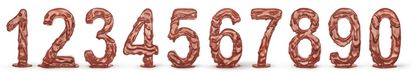 Different numbers from chocolate on a white background. 3d illustration