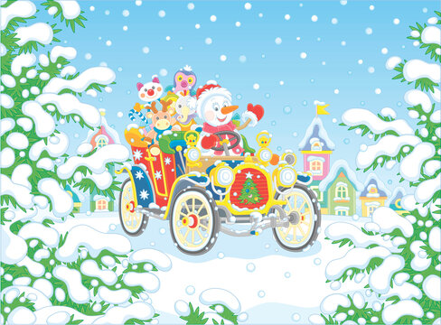 Funny snowman driving a colorful retro car with holiday gifts for little kids on a snowy winter day in a pretty fir park of a small snow-covered town, vector cartoon illustration