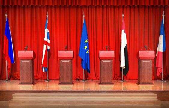Stands for a conference of countries on a red background 3d illustration