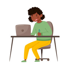 Teenager African American Girl as School Student During Online Class or Lesson in Front of Laptop Vector Illustration