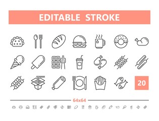 Food 20 line icons. Vector illustration in line style. Editable Stroke, 64x64, 256x256, Pixel Perfect.