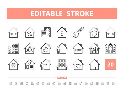 Real Estate 20 line icons. Vector illustration in line style. Editable Stroke, 64x64, 256x256, Pixel Perfect.