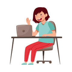 Girl as School or College Student at Desk in Front of Laptop Greeting Teacher Vector Illustration