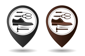Shoe repair service. Vector image of logo. Trendy concept in old retro style. Geolocation sign