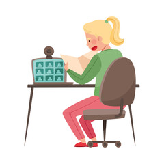 Fototapeta premium College Girl Student Sitting at Desk in Front of Laptop During Online Lesson Vector Illustration