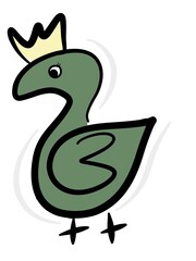 Green cute and kawaii duck animal illustration images wearing a crown, for logos, symbols, icons