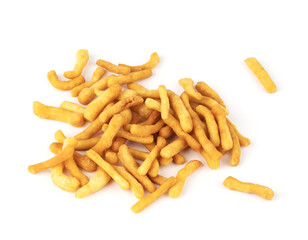 a bunch of french fries in batter on a white background