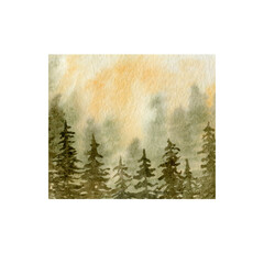 Watercolor set of fir trees, mountains isolated on white background.