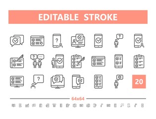 Survey 20 line icons. Vector illustration in line style. Editable Stroke, 64x64, 256x256, Pixel Perfect.