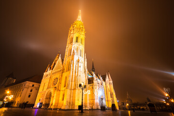 St. Mathias Church in Budapest illuminated at night. Hungary 