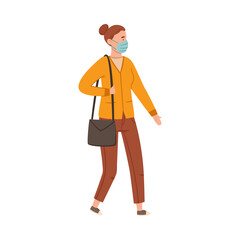 Woman in Protective Mask Walking Along the Street Vector Illustration
