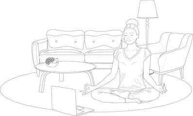 Girl doing yoga asana. Relaxation, meditation. Coloring book page with interior elements and woman. Isolated line art for adults. Woman sitting in lotus pose at home. 