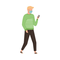 Man in Protective Mask Walking Along the Street Vector Illustration