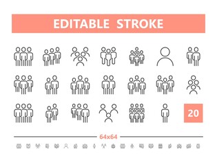 People 20 line icons. Vector illustration in line style. Editable Stroke, 64x64, 256x256, Pixel Perfect.