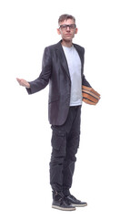 in full growth. a guy with a stack of books looking at you.