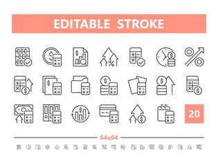 Financial planning 20 line icons. Vector illustration in line style. Editable Stroke, 64x64, 256x256, Pixel Perfect.