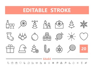 Merry Christmas 20 line icons. Vector illustration in line style. Editable Stroke, 64x64, 256x256, Pixel Perfect.