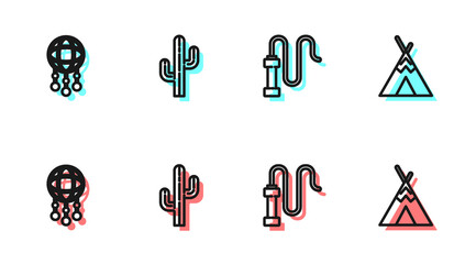 Set line Leather whip, Dream catcher with feathers, Cactus and Indian teepee or wigwam icon. Vector. © Vadim