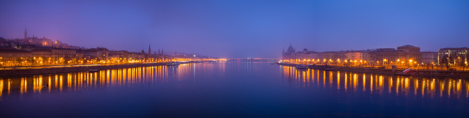 Fototapeta na wymiar Panorama of Budapest at dusk overlooking Buda and Pest sides of the city. Hungary