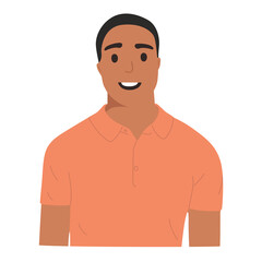 Portrait of an Afro-Rican guy with a pleasant smile in a T-shirt, flat illustration. Isolated on white background, mock up for website, advertising